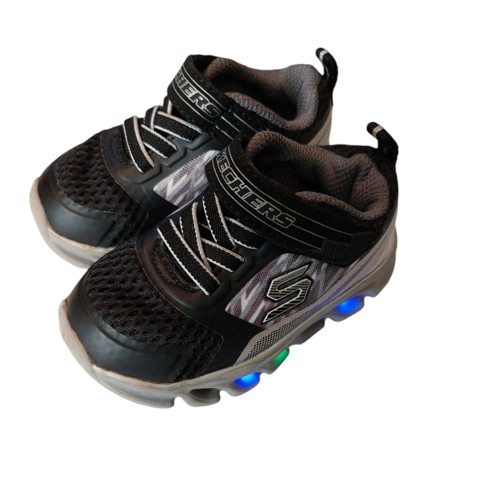 Skechers Toddler S Lights Shoes Hypno Flash in Black and Metallic Silver 6 EUC